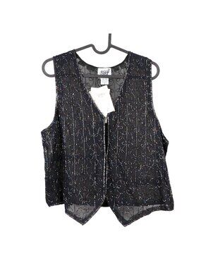 Beaded VTG Silk Vest L Black Sheer Boho Hippie Fairy Whimsigoth Indie Glam Rock
